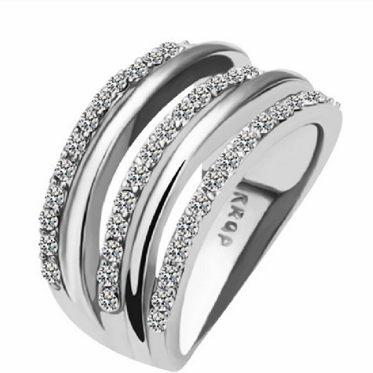 3 Row White Gold finish Cocktail Ring w Clear Cubic Zirconias + Box + Gift Bag