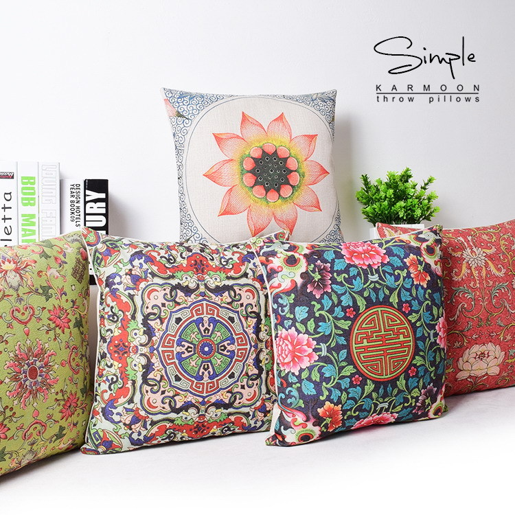18/" Vintage Chinese Lotus Vine Leaves Buddha Linen Pillow Case Cushion Cover
