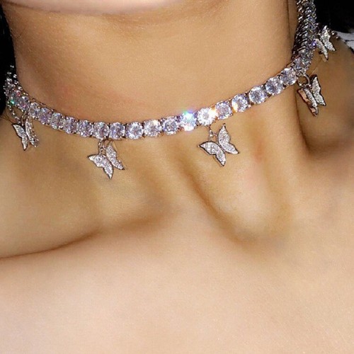 Butterfly Tennis Link Choker/Chain Necklace White Pink Plated FAST SHIPPING! | eBay