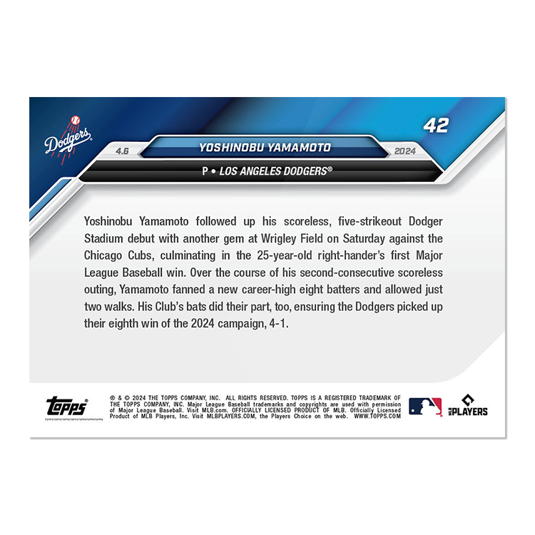 2024 Topps Now 42 Yoshindbu Yamamoto Secures 1st MLB Win -Free Shiping Always!