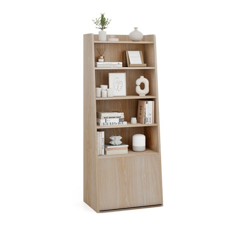 6-Tier Living Room Freestanding Ladder Bookshelf Flip Up Door 2