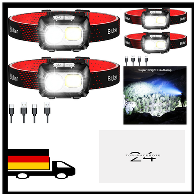 Blukar LED Stirnlampe Wiederaufladbar, 2 Stück Superhell Kopflampe Stufenlos