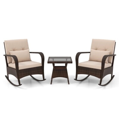 3PCS Patio Outdoor Garden Rattan Rocking Set With Tempered Glass Coffee Table