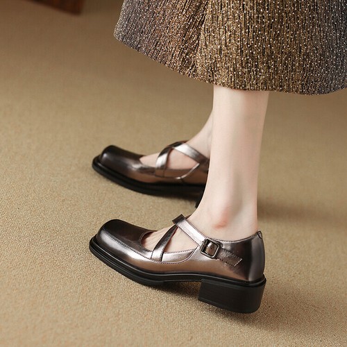 Womens 2024 Chic Leather Square Toe Crossover Buckle Strap
