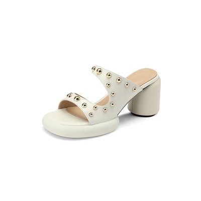 Women's 2023 Fashion Leather Stuuds Platform Block Heel Mules Sandal Shoes IMIC