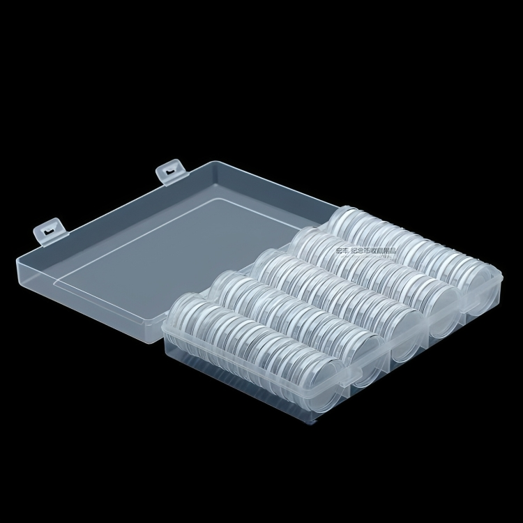 100 PCS 30MM Clear Round Coin Capsules Plastic Coin Holders &Black Gaskets & Box