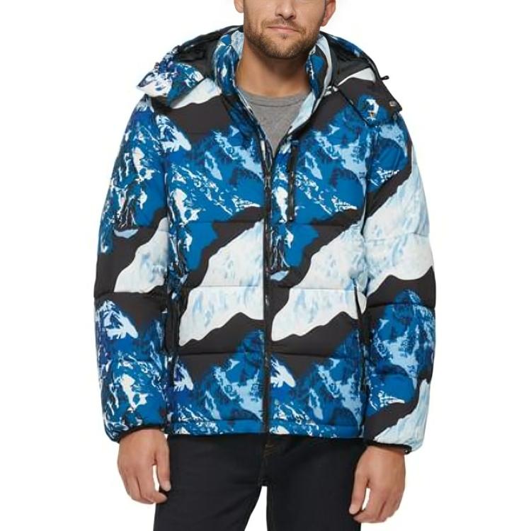 Club Room Stretch Hooded Puffer Jacket Men's L Ski Print Full Zip Long Sleeve - Picture 1 of 17