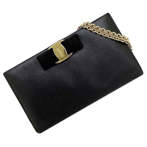 Salvatore Ferragamo Chain Shoulder Wallet Black Gold Vara KM