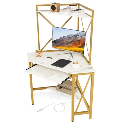 Space-Saving Corner Computer Desk & Keyboard Tray Charging Station w/ Top Hutch