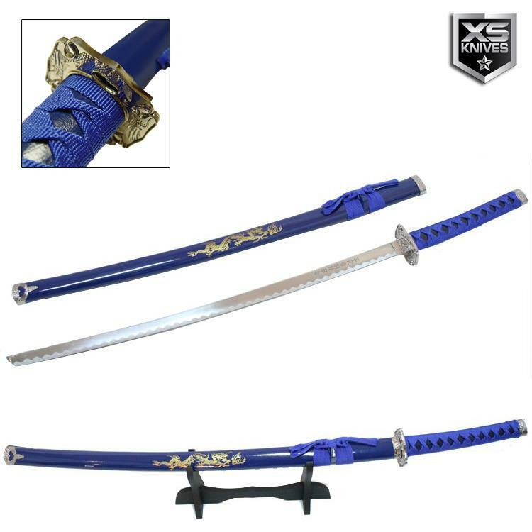 40" Blue KATANA Sword DRAGON Carbon Steel Blade Collectible SAMURAI w/ Stand
