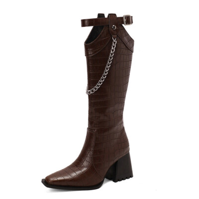 Womens 2022 Fashion Metal Chain Buckle StrapBlock Heel Knee High Boots Shoes CMS