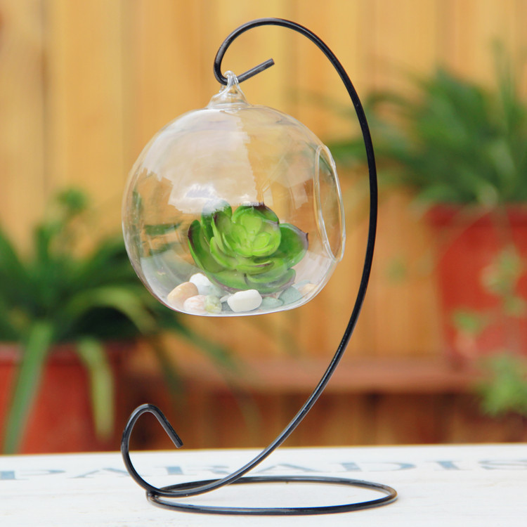 Black iron hanging stand rack glass globe wedding gift candle ornament holder 9"