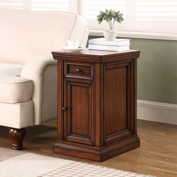 Wooden Side Table Dark Wood With Drawer And Cupboard Chairside