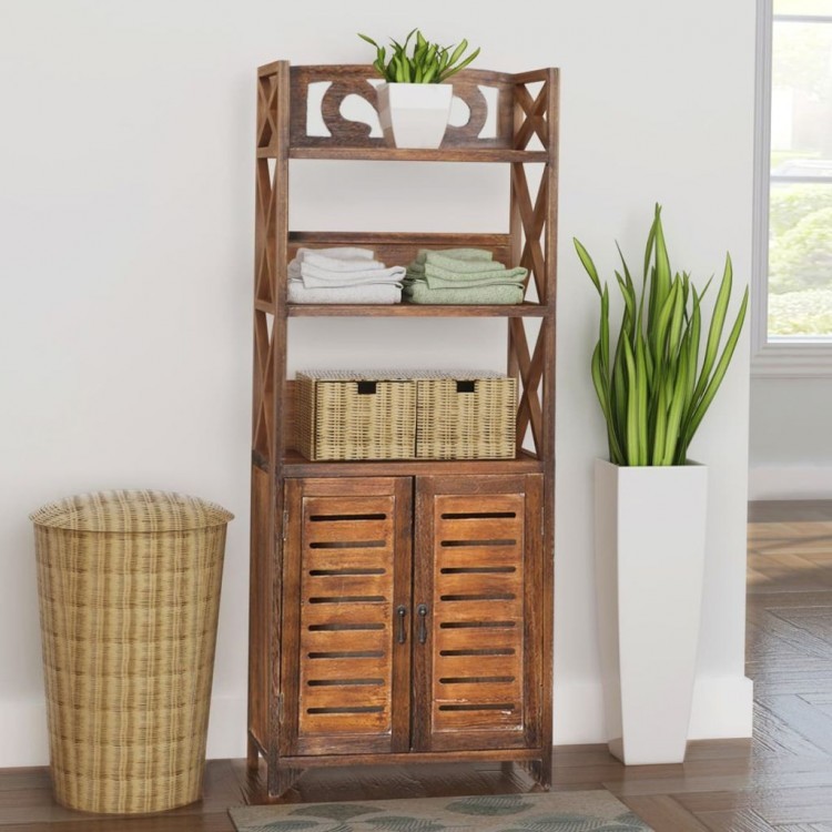 Tall Bathroom Storage Unit Wooden Shelves Cupboard Floor ...