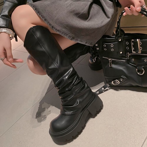 ★kmam Womens 2023 Fashion Leather Round Toe Platform Knee High