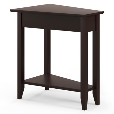 2-Tier Wedge Narrow Living Room Side Table Nightstand W/ Shelf & Rubberwood Legs