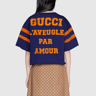Pre-owned Gucci 1921 /l'aveugle Par Amour' T-shirt 'inchiostro/crop' In Blue/inchiostro/crop