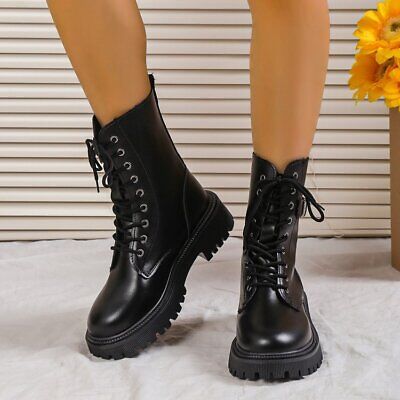 Womens Round Toe Combat Boots Block Low Heel Zipper Mid Calf Biker