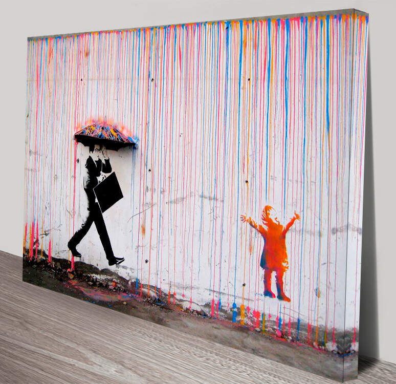 BANKSY FRAMED CANVAS STREET GRAFFITI PAINTING PRINT RAINBOW