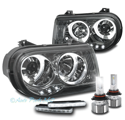 For 05-10 Chrysler 300C Halo Ring Projector Smoke Headlight +DRL Signal+LED Bulb