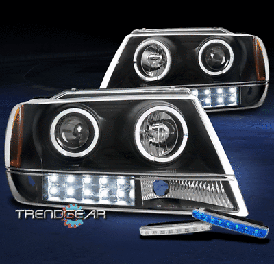 FOR 1999-2004 JEEP GRAND CHEROKEE HALO LED BLACK PROJECTOR HEADLIGHT W/BLUE DRL