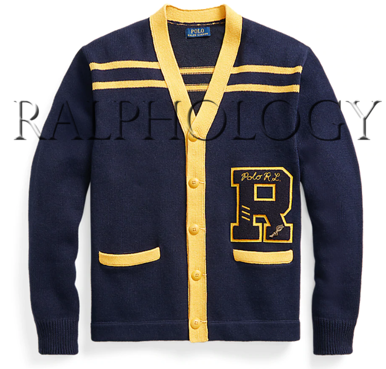 Pre-owned Polo Ralph Lauren Mens Navy Varsity Letterman Patch Button Cardigan Sweater In Blue