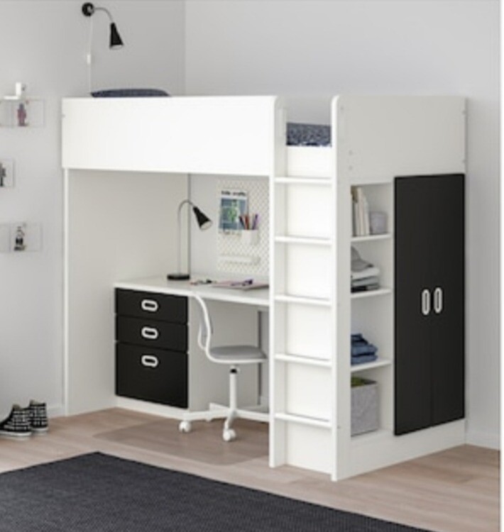White high sleeper single bed, complete with drawers, desk snd wardrobe