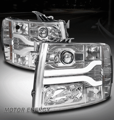 FOR 07-13 CHEVY SILVERADO 1500 2500 3500 HD LED TUBE CHROME PROJECTOR HEADLIGHTS