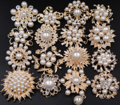 20pc Brooch Lot Bulk Gold Pearl Crystal Women Flower Pins Wedding Bouquet DIY