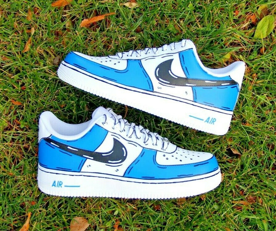 Nike Air Force 1 Custom Low Cartoon Sky Blue Shoes White Black Outline Mens Kids - Picture 1 of 12