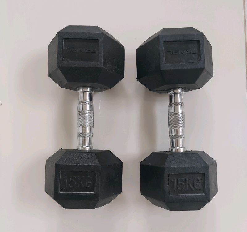 2x 15kg primal strength hex rubber dumbbells *IMMACULATE* in