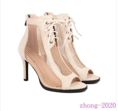Womens Peep Toe High Heels Mesh Lace Up Back Zip Ankle Boots
