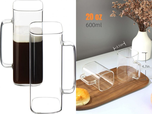 CHRYSLIN Glass Coffee Mugs,20oz Large Cups with Handle,Square Clear