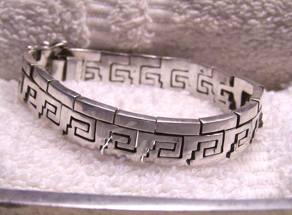 Vintage TAXCO Mexico Sterling Silver Puzzle Link Bracelet Geometric 59g  SZ 7.5