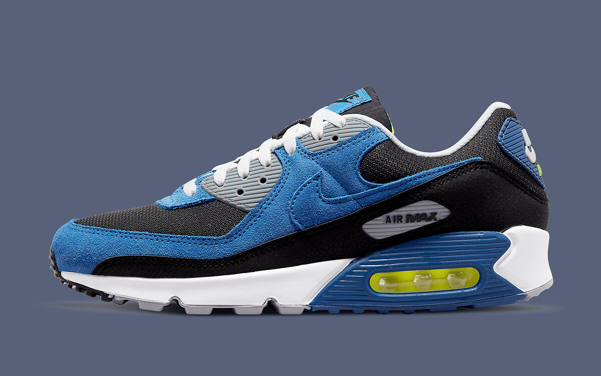

Nike Air Max 90 Black Atlantic Blue Voltage Yellow DM0029-001 sz 9 Мужские ретро, Синий, Nike Air Max 90