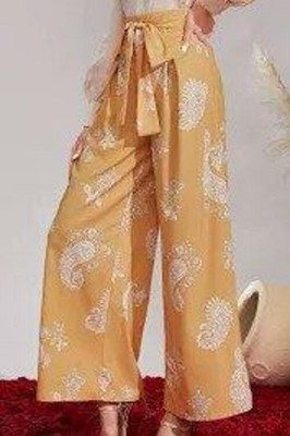 Paisley Print Belted Wide Leg Pants - Size 12, Yellow
