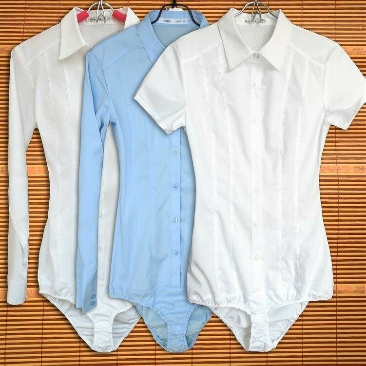 Damen Body Anzug Hemd Bluse Knöpfe Shorts Langärmlig Top Weiß Blau Baumwolle