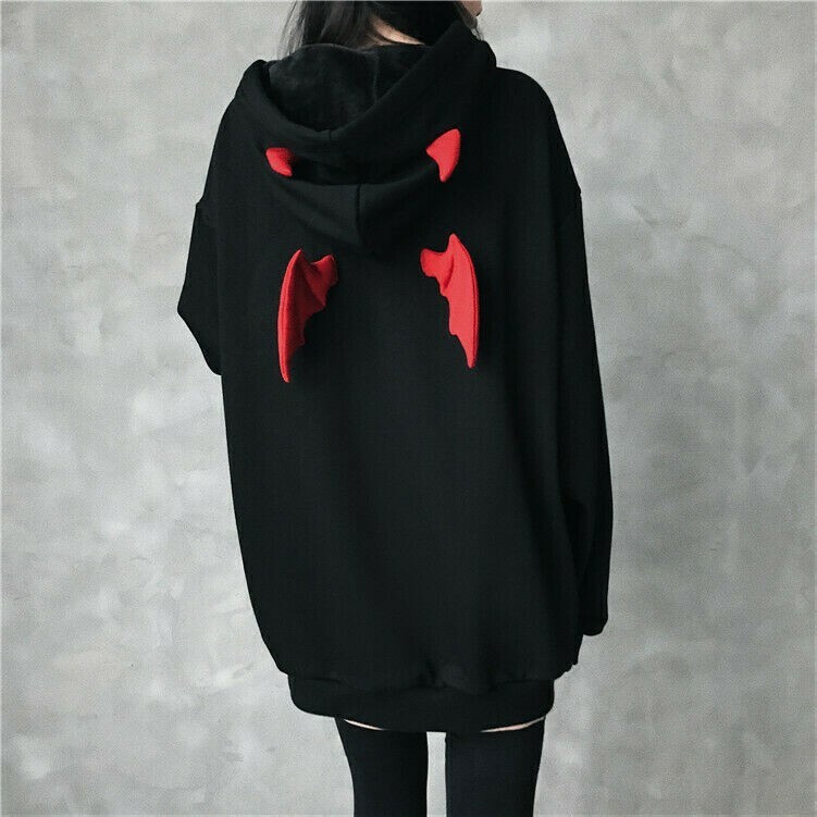 Femme Kawaii Capuche Sweat Haut Harajuku Démon Ailes Gothique Punk Noir