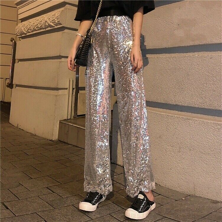 Femme Jambe Large Paillettes Pantalon Argent Club Brillant Fête Décontracté Mode