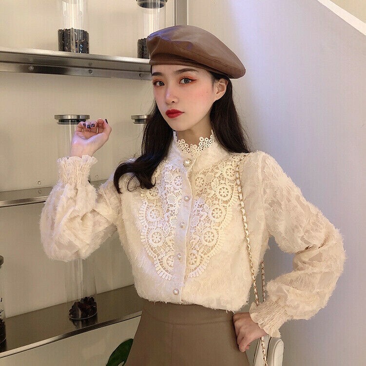Women Lace Blouse Shirt Top Floral Puff Sleeve Retro Ruffle Casual Button