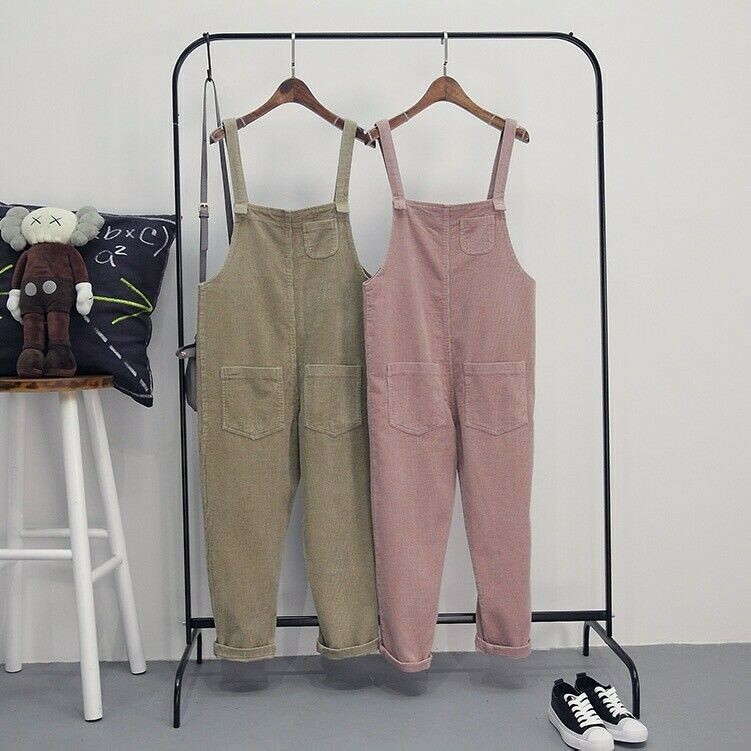 Ladies Corduroy Overalls Dungaree Jumpsuit Harem Ankle Length Pants Pocket Pink