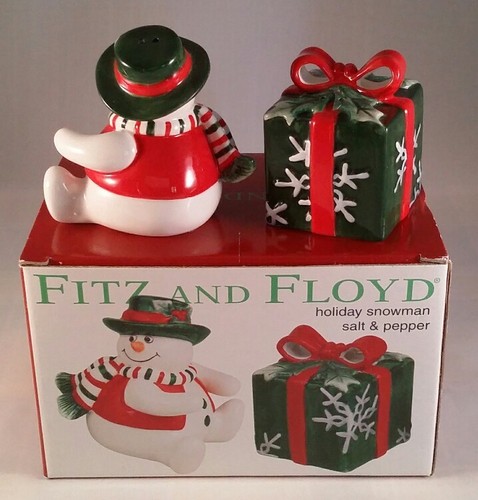 Fitz and Floyd Holiday Snowman Present SALT AND PEPPER SHAKERS in Original Box
