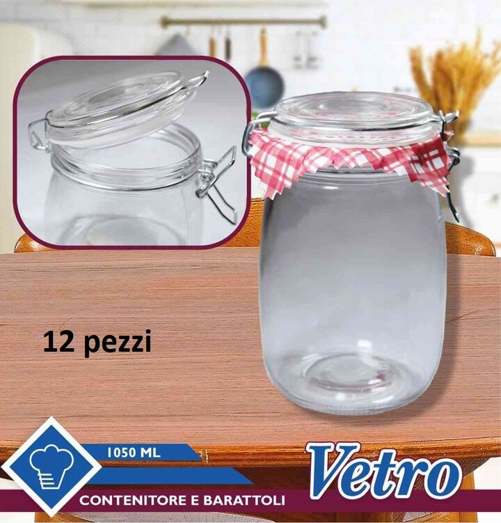 Set 12 Pezzi Barattolo Vasetto Con Tappo Ermetico In Vetro 1050ml dfh