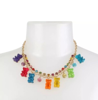 Betsey Johnson Gummy Bear Gold Tone Rainbow Rhinestone Necklace Crystal Fireball