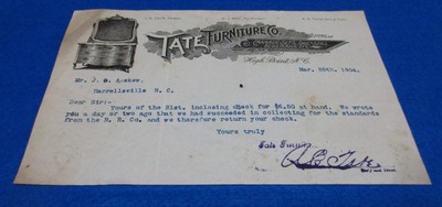 1904 Tate Furniture Company High Point North Carolina Invoice