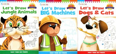  Step-by-Step Tutorial Books - Let`s Draw Dogs&Cat, Big Machines, Jungle Animals