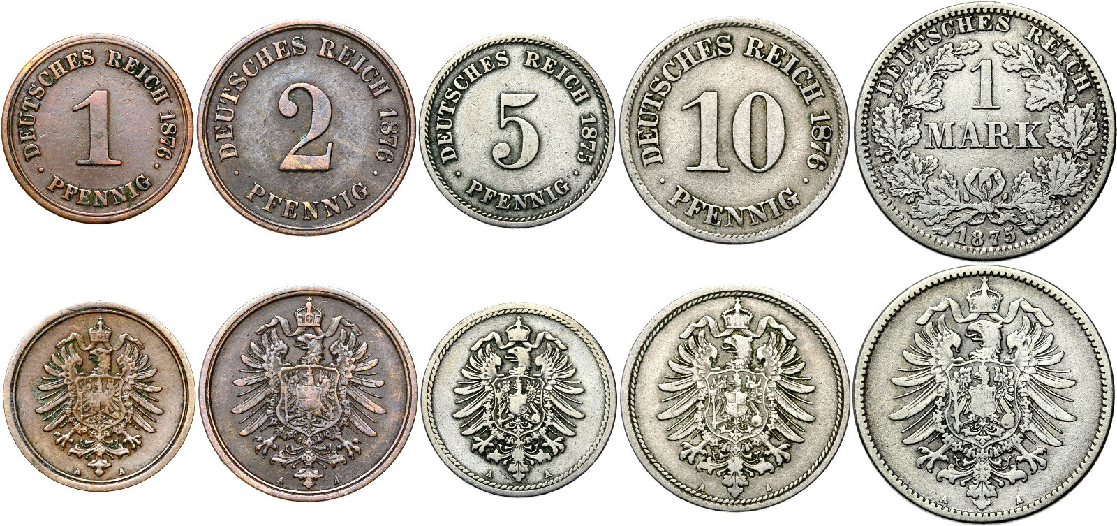 ドイツコイン5セット German Empire Collection 5 Coins 1 2 5 10 Pfennig + 1 Mark