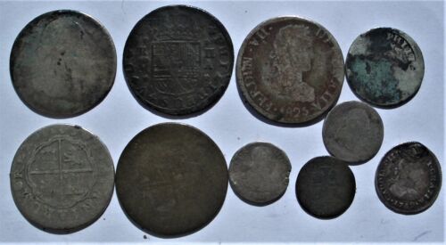 A66* LOT OF 10 VERY CIRCULATED SILVER COIN REALES 1700,s SPANISH COLONIAL