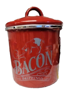 Ayesha Curry Bacon Drippings Grease Container Can Enamel on Steel Red Unused