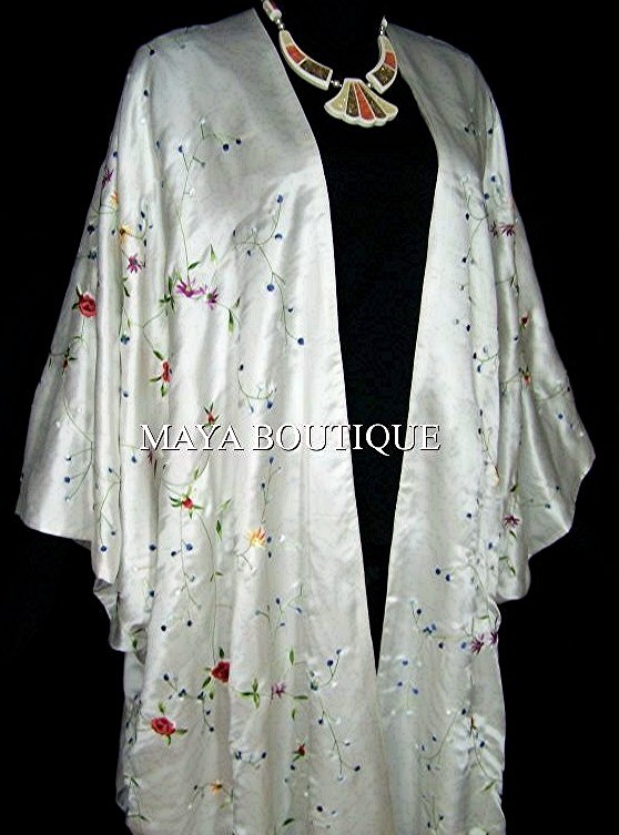 Pre-owned Maya Matazaro White Embroidered Silk Kimono Caftan Duster Coat Plus Size
